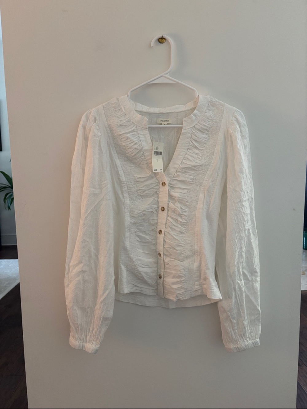 Anthropologie White Ruffle-Trim Button Blouse